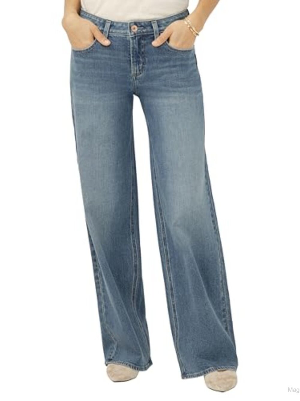 Mid Rise Curvy Fit Wide Leg Jeans 5-Pocket Stretch Denim Casual